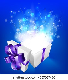 A glowing magical gift box concept for an exciting birthday, Christmas or other gift or present.