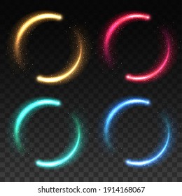 Glowing Magical Light Rings, Flare Color Lines. Yellow, Green And Blue, Red Sparkles Moving In Circe With Shiny Particles And Stardust Trails, Falling Star Or Energy Halo Realistic Vector Light Effect