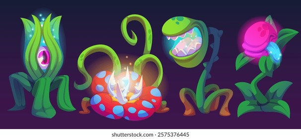 Glowing magical plant monsters in dark environment. Mystical flora with luminous effect - cyclopean green shoot, spotted pink creature with thorns, fanged predator, sparkling flower for fantasy design