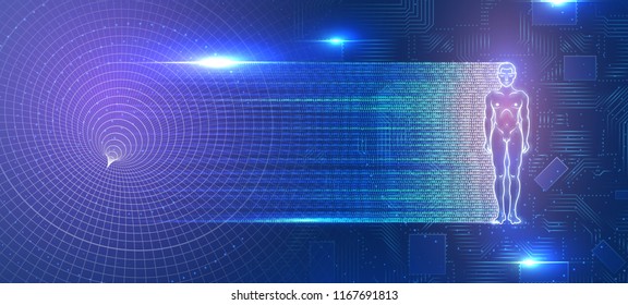 Glowing man figure with trail effect on dark background with futuristic technicals elements. Including lens flare and stars.Used a clipping mask