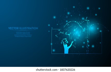 glowing man holding broken flower  on dark blue.  man with starlight background. 