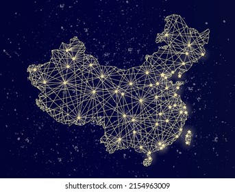 Mapa brillante de China en el cielo nocturno. Ilustración del vector abstracto.