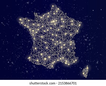 Glowing map of France on the night sky. Abstract vector illustration.