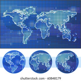 Glowing map and globes. Vector.