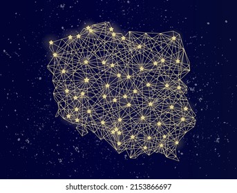 Leuchtende Karte von Polen am Nachthimmel. Abstrakte Vektorgrafik.