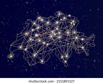 Glowing map of Switzerland on the night sky. Abstract vector illustration.
