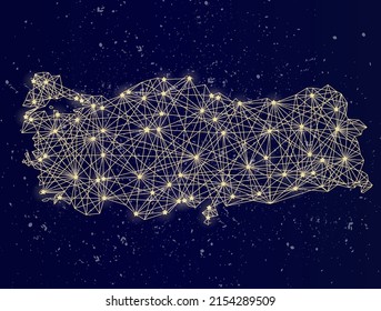 Mapa brillante de Turquía en el cielo nocturno. Ilustración del vector abstracto.