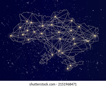 Glowing map of Ukraine on the night sky. Abstract vector illustration.