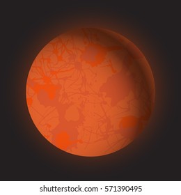 Glowing Mars planet Isolated on black background. Lighting effects. Realistic space object. Universe. Solar system. Planet for design. 