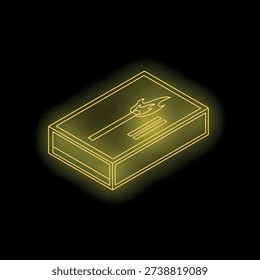 Glowing matchbox with burning matchstick illuminating dark background, perfect for representing concepts of fire, light, and ignition