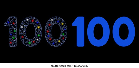Glowing mesh 100 digits text icon with sparkle effect. Abstract illuminated model of 100 digits text. Shiny wire frame triangular mesh 100 digits text icon. Vector abstraction on a black background.