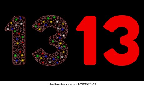 Glowing mesh 13 number text icon with sparkle effect. Abstract illuminated model of 13 number text. Shiny wire frame polygonal network 13 number text icon. Vector abstraction on a black background.