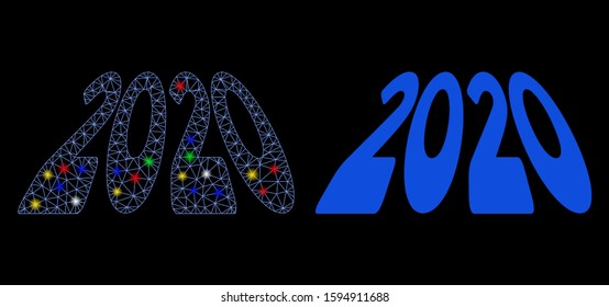 Glowing mesh 2020 perspective text icon with glare effect. Abstract illuminated model of 2020 perspective text. Shiny wire frame polygonal mesh 2020 perspective text icon.