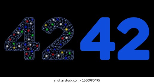 Glowing mesh 42 digits text icon with lightspot effect. Abstract illuminated model of 42 digits text. Shiny wire frame polygonal mesh 42 digits text icon. Vector abstraction on a black background.