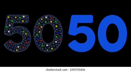 Glowing mesh 50 digits text icon with sparkle effect. Abstract illuminated model of 50 digits text. Shiny wire frame triangular mesh 50 digits text icon. Vector abstraction on a black background.