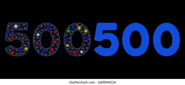Glowing mesh 500 digits text icon with glitter effect. Abstract illuminated model of 500 digits text. Shiny wire frame triangular mesh 500 digits text icon. Vector abstraction on a black background.