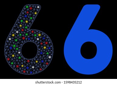 Glowing mesh 6 digit icon with glitter effect. Abstract illuminated model of 6 digit. Shiny wire carcass triangular mesh 6 digit icon. Vector abstraction on a black background.
