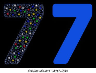 Glowing mesh 7 digit icon with sparkle effect. Abstract illuminated model of 7 digit. Shiny wire frame triangular mesh 7 digit icon. Vector abstraction on a black background.