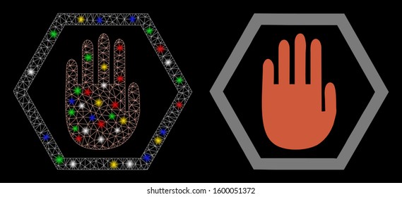 Glowing mesh abort hand icon with glow effect. Abstract illuminated model of abort hand. Shiny wire frame polygonal mesh abort hand icon. Vector abstraction on a black background.