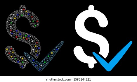 Glowing mesh accept money icon with sparkle effect. Abstract illuminated model of accept money. Shiny wire carcass triangular network accept money icon. Vector abstraction on a black background.
