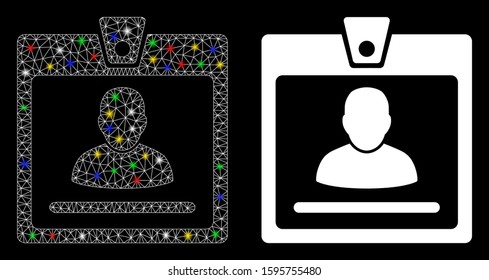 Glowing mesh access badge icon with lightspot effect. Abstract illuminated model of access badge. Shiny wire carcass polygonal mesh access badge icon. Vector abstraction on a black background.