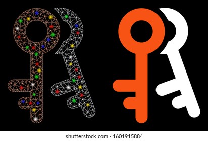 Glowing mesh access keys icon with sparkle effect. Abstract illuminated model of access keys. Shiny wire frame polygonal network access keys icon. Vector abstraction on a black background.
