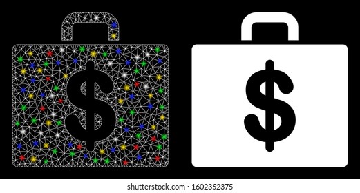 Glowing mesh accounting case icon with glitter effect. Abstract illuminated model of accounting case. Shiny wire carcass polygonal network accounting case icon.