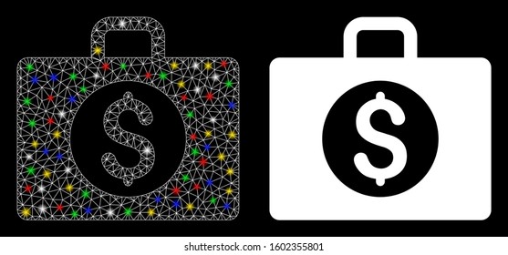 Glowing mesh accounting case icon with lightspot effect. Abstract illuminated model of accounting case. Shiny wire frame polygonal mesh accounting case icon. Vector abstraction on a black background.