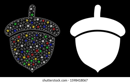 Glowing mesh acorn icon with glow effect. Abstract illuminated model of acorn. Shiny wire carcass triangular network acorn icon. Vector abstraction on a black background.