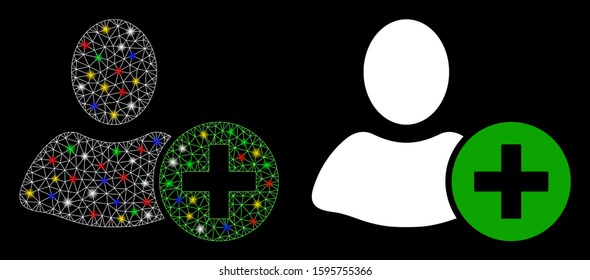 Glowing mesh add user icon with glare effect. Abstract illuminated model of add user. Shiny wire carcass triangular mesh add user icon. Vector abstraction on a black background.