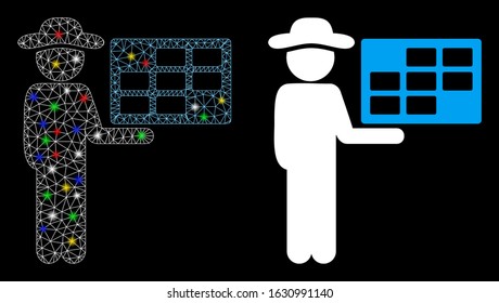 Glowing mesh agent schedule icon with glitter effect. Abstract illuminated model of agent schedule. Shiny wire carcass triangular network agent schedule icon. Vector abstraction on a black background.