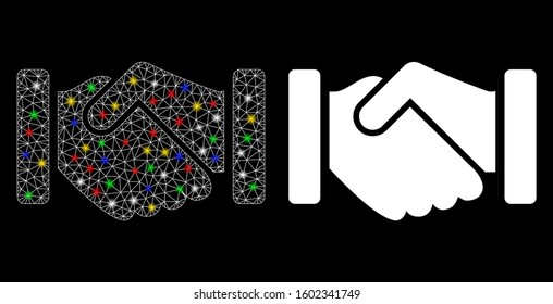 Glowing mesh agreement handshake icon with glare effect. Abstract illuminated model of agreement handshake. Shiny wire carcass triangular mesh agreement handshake icon.