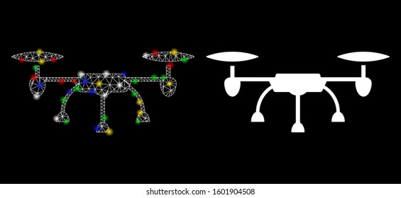Glowing mesh air drone icon with lightspot effect. Abstract illuminated model of air drone. Shiny wire frame polygonal mesh air drone icon. Vector abstraction on a black background.