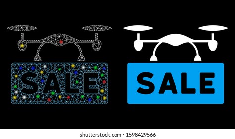 Glowing mesh airdrone sale icon with glow effect. Abstract illuminated model of airdrone sale. Shiny wire frame triangular mesh airdrone sale icon. Vector abstraction on a black background.