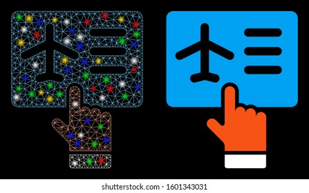 Glowing mesh airline ticket booking icon with sparkle effect. Abstract illuminated model of airline ticket booking. Shiny wire carcass polygonal network airline ticket booking icon.