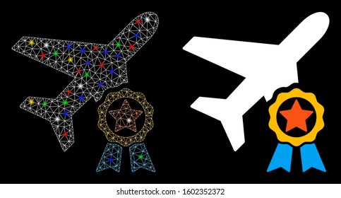 Glowing mesh airplane certification icon with glitter effect. Abstract illuminated model of airplane certification. Shiny wire frame triangular mesh airplane certification icon.