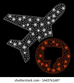 Glowing mesh airplane fail with glitter effect. Abstract illuminated model of airplane fail icon. Shiny wire frame triangular mesh airplane fail. Vector abstraction on a black background.