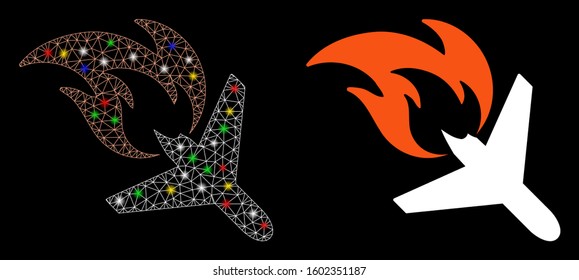 Glowing mesh airplane fire disaster icon with lightspot effect. Abstract illuminated model of airplane fire disaster. Shiny wire carcass triangular network airplane fire disaster icon.