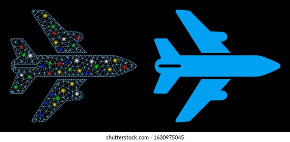 Glowing mesh airplane icon with sparkle effect. Abstract illuminated model of airplane. Shiny wire frame polygonal mesh airplane icon. Vector abstraction on a black background.