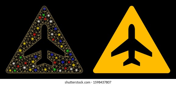 Glowing mesh airplane problem icon with sparkle effect. Abstract illuminated model of airplane problem. Shiny wire frame polygonal mesh airplane problem icon. Vector abstraction on a black background.