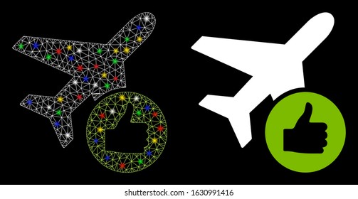 Glowing mesh airplane valid icon with glow effect. Abstract illuminated model of airplane valid. Shiny wire frame polygonal network airplane valid icon. Vector abstraction on a black background.