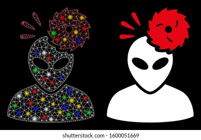 Glowing mesh alien exploration icon with glitter effect. Abstract illuminated model of alien exploration. Shiny wire frame triangular mesh alien exploration icon.