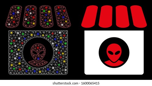 Glowing mesh alien shop icon with sparkle effect. Abstract illuminated model of alien shop. Shiny wire carcass polygonal mesh alien shop icon. Vector abstraction on a black background.