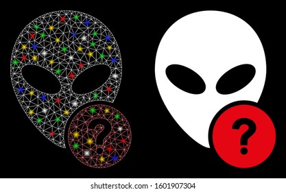 Glowing mesh alien status icon with glow effect. Abstract illuminated model of alien status. Shiny wire frame polygonal network alien status icon. Vector abstraction on a black background.