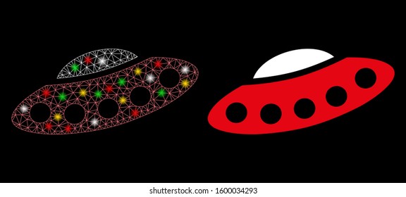 Glowing mesh alien visitors spaceship icon with glow effect. Abstract illuminated model of alien visitors spaceship. Shiny wire carcass triangular network alien visitors spaceship icon.