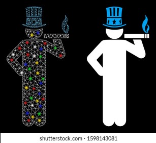 Glowing mesh American capitalist icon with sparkle effect. Abstract illuminated model of American capitalist. Shiny wire frame polygonal mesh American capitalist icon.