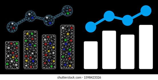 Glowing mesh analytics icon with glare effect. Abstract illuminated model of analytics. Shiny wire carcass polygonal mesh analytics icon. Vector abstraction on a black background.