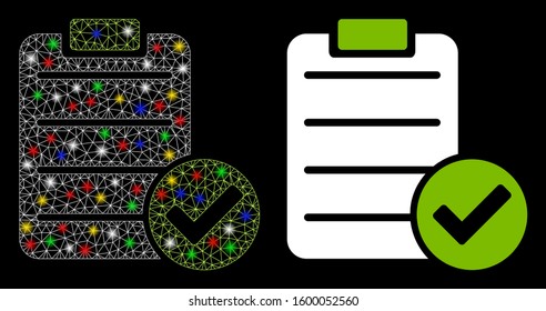 Glowing mesh approve list icon with sparkle effect. Abstract illuminated model of approve list. Shiny wire frame polygonal mesh approve list icon. Vector abstraction on a black background.