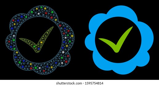 Glowing mesh approved stamp icon with lightspot effect. Abstract illuminated model of approved stamp. Shiny wire carcass polygonal mesh approved stamp icon. Vector abstraction on a black background.