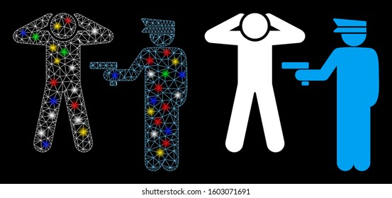 Glowing mesh arrest icon with glare effect. Abstract illuminated model of arrest. Shiny wire frame polygonal network arrest icon. Vector abstraction on a black background.